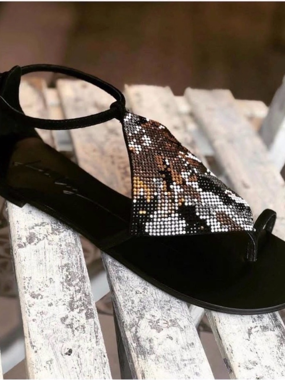 Lola Cruz Women’s Black Suede and Multicolor Crystal Sandals Size 9